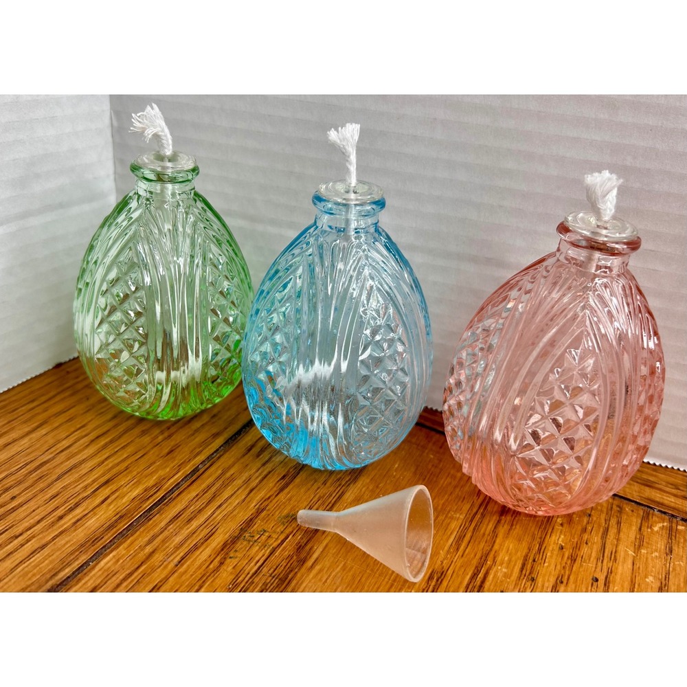 Vintage Pastel Crystal Egg Oil Lamps Set of 3 Pink Blue Green Glass 59073